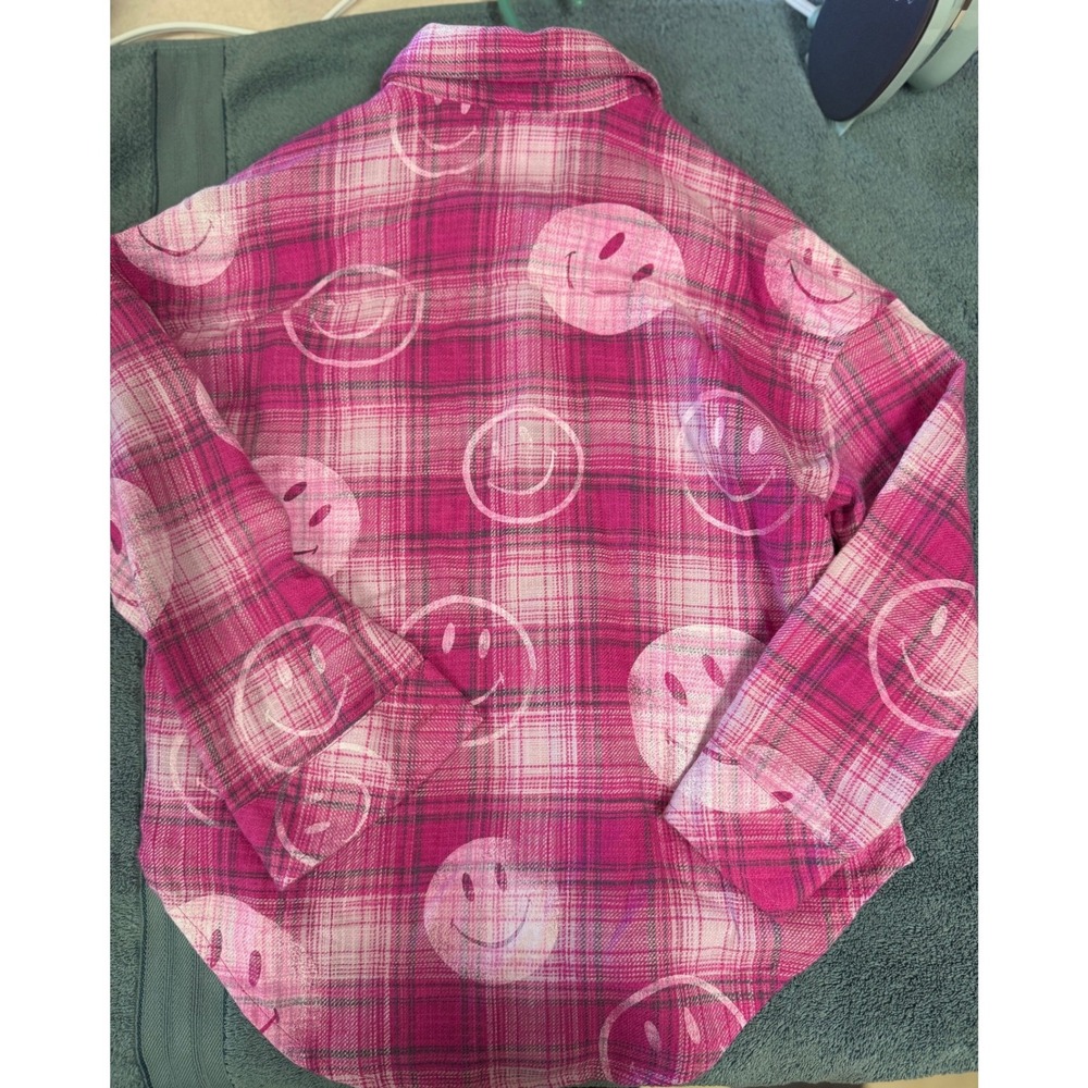Justice Girls Pink Plaid Smiley Face Flannel Button Down Shirt Size S 7/8 - Picture 2 of 8
